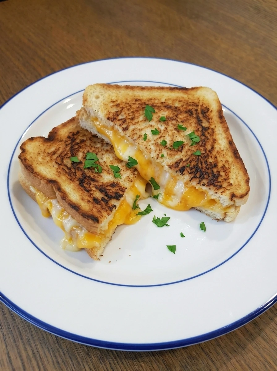 Plated Crispy Grilled Cheese Sandwich with golden bread and melted cheese