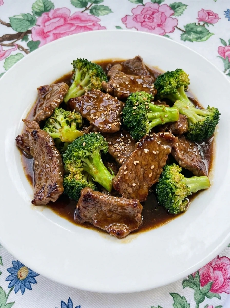 Crock Pot Beef and Broccoli served on a white plate with glossy sauce and sesame seeds