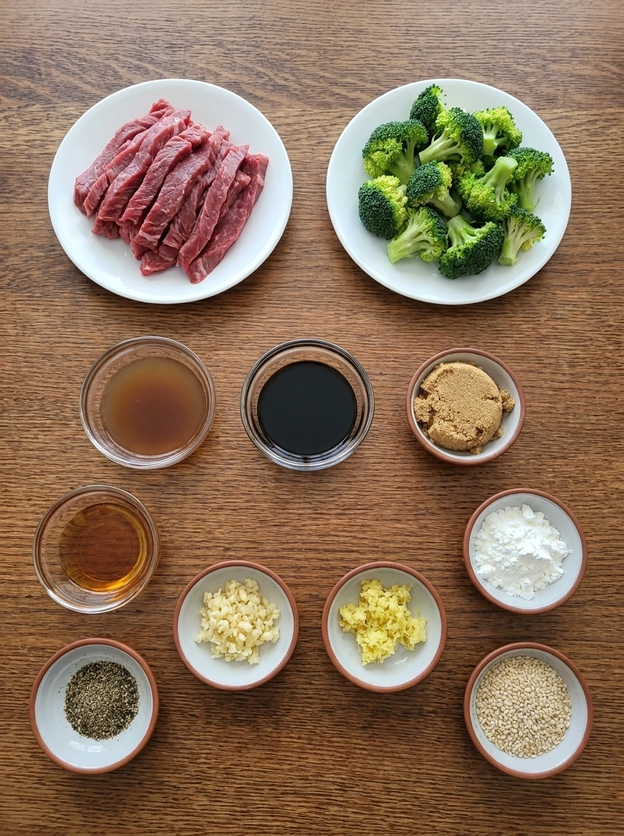Ingredients for Crock Pot Beef and Broccoli in separate small containers