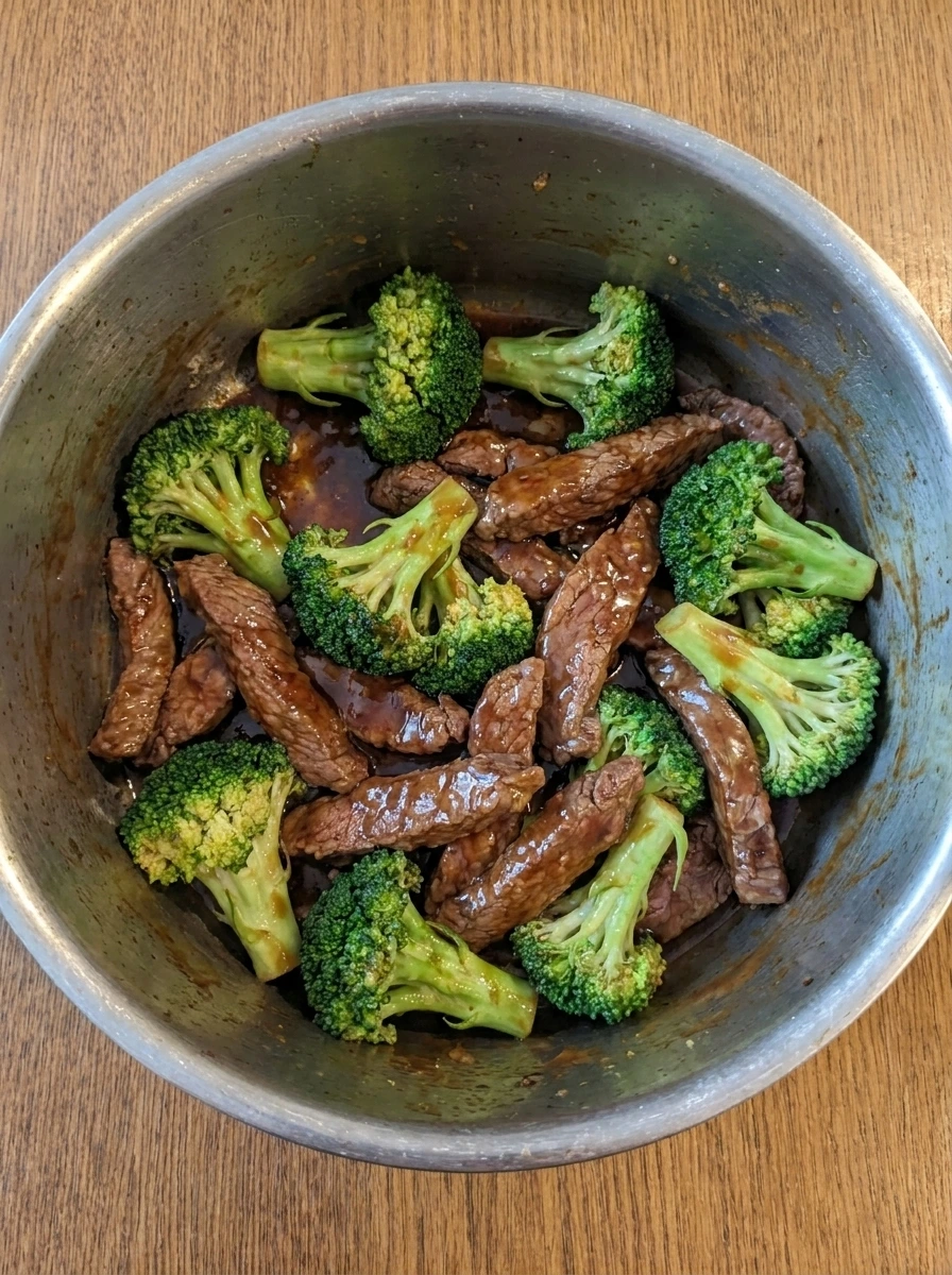 Broccoli added and sauce thickened in Crock Pot Beef and Broccoli