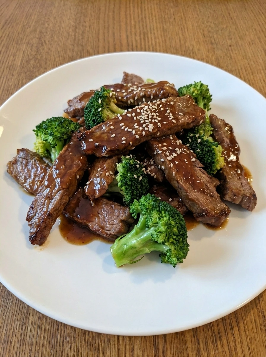 Plated Crock Pot Beef and Broccoli with sesame seeds
