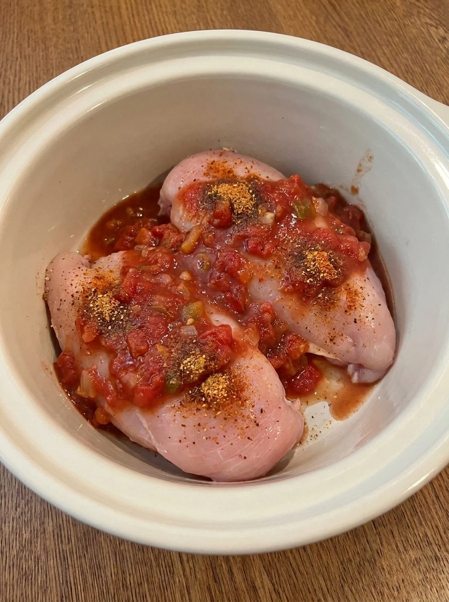Boneless skinless chicken breasts covered with salsa and taco seasoning