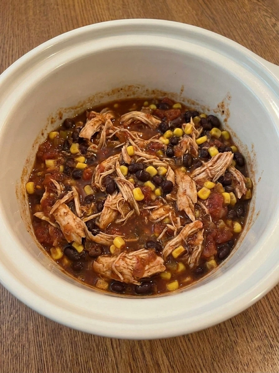 Shredded chicken mixed with salsa beans and corn