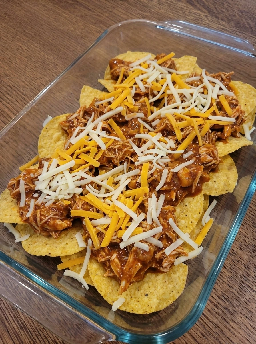 Tortilla chips layered with chicken filling and shredded cheese