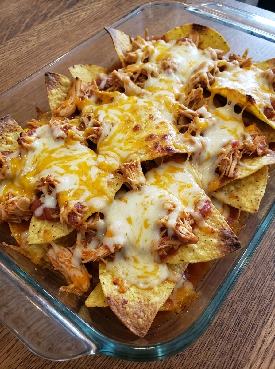 Chicken nachos with melted cheddar and Monterey Jack cheese