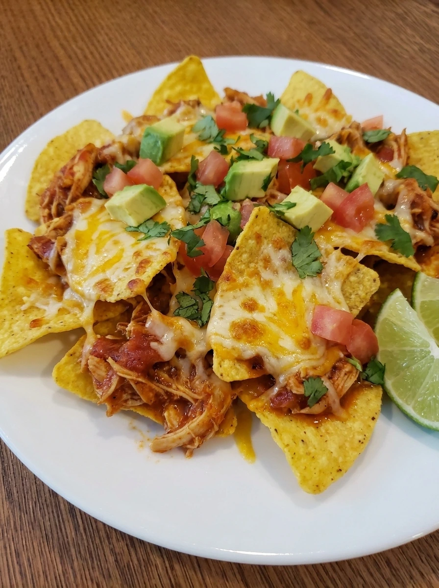 Single serving of Crockpot Chicken Nachos with avocado tomato and cilantro