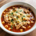 Crockpot Chicken Parmesan Soup in a white bowl with shredded chicken pasta mozzarella and parmesan.