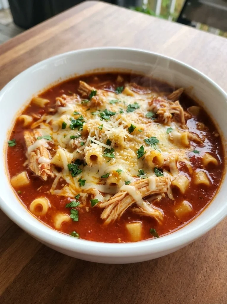Crockpot Chicken Parmesan Soup in a white bowl with shredded chicken pasta mozzarella and parmesan.