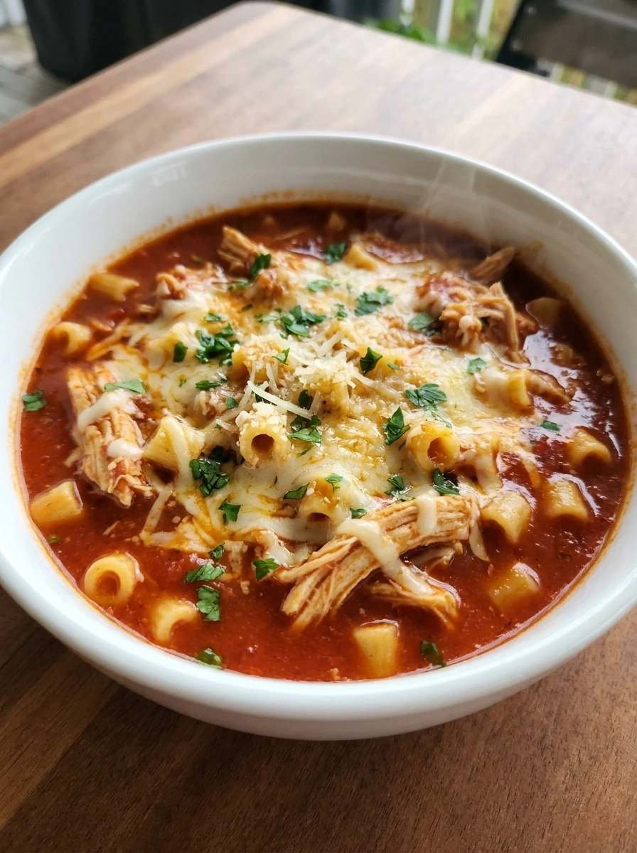 Crockpot Chicken Parmesan Soup in a white bowl with shredded chicken pasta mozzarella and parmesan.