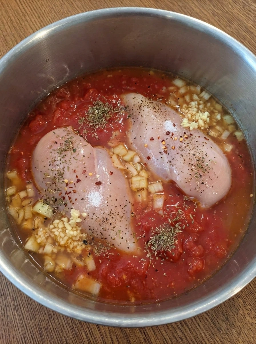Chicken breasts in tomato broth with onion garlic and seasonings.