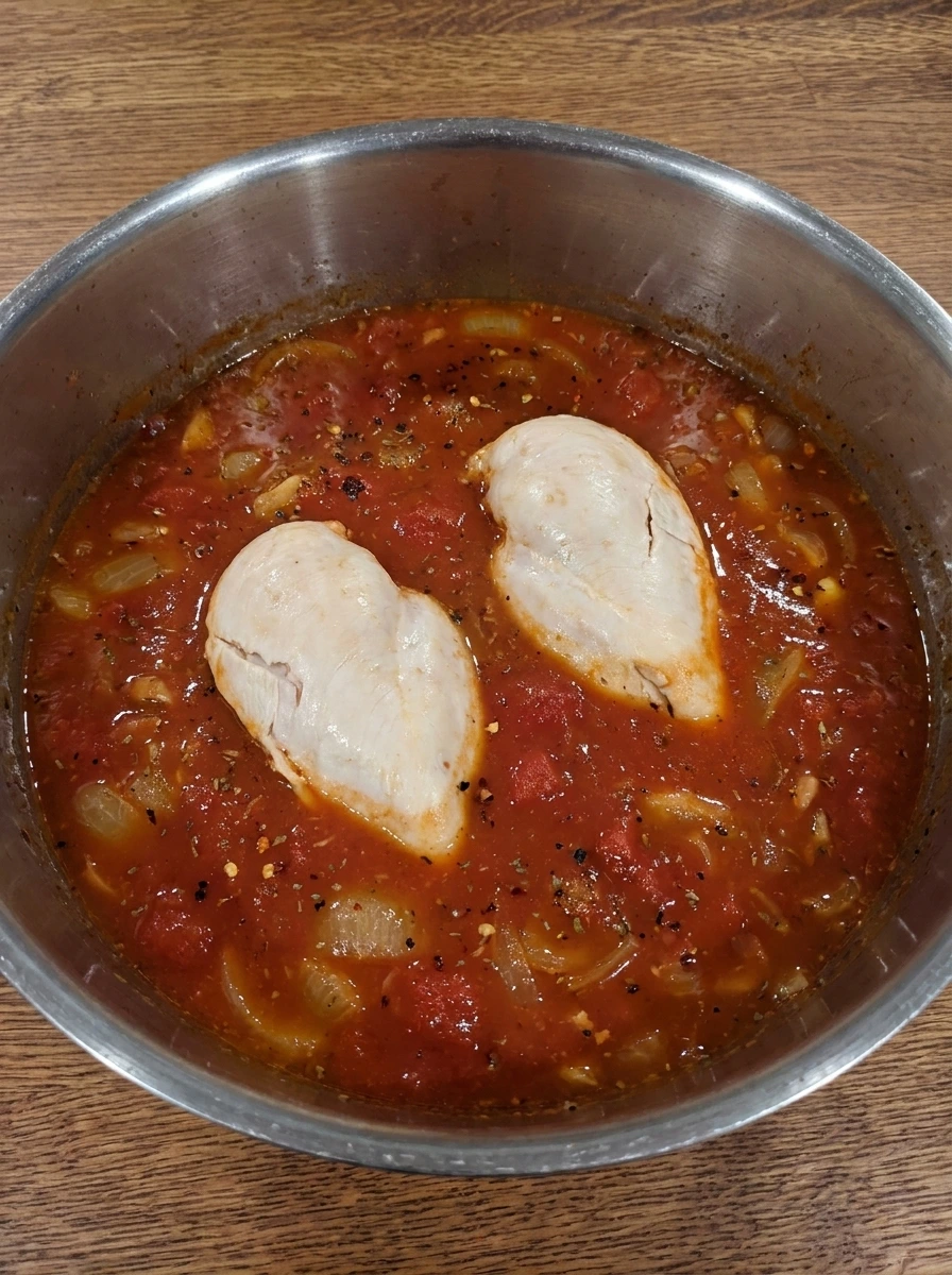 Cooked chicken breasts in deep red tomato broth with softened onion.