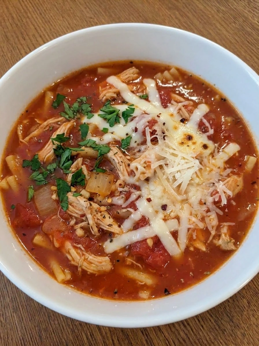 Served bowl of Crockpot Chicken Parmesan Soup with mozzarella parmesan and parsley.