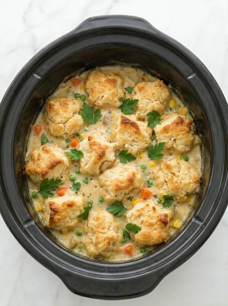 Crockpot Chicken Pot Pie with golden biscuits and creamy chicken filling