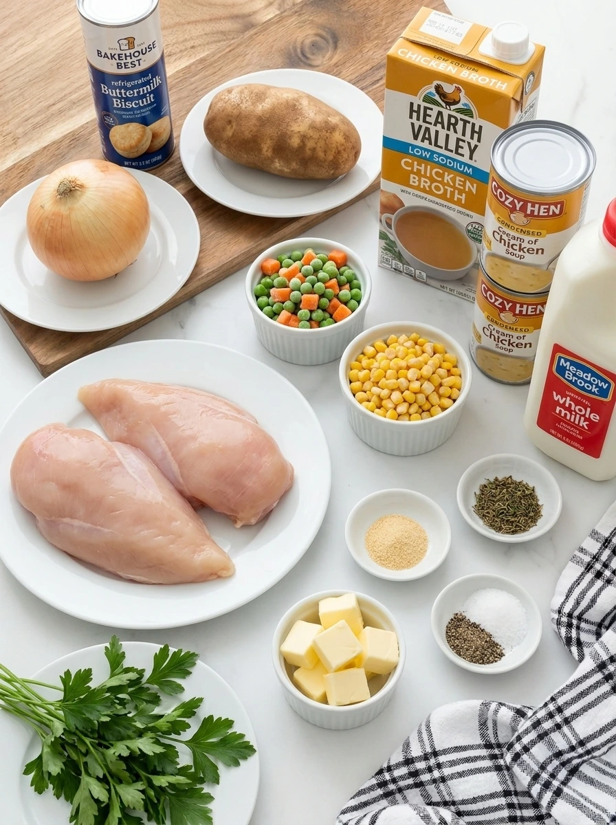 Ingredients for Crockpot Chicken Pot Pie arranged before cooking