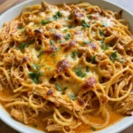 Crockpot Chicken Spaghetti served hot with melted cheddar and shredded chicken.