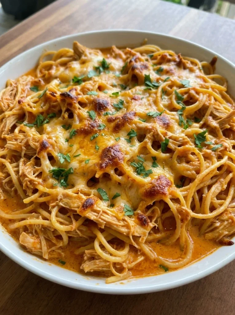 Crockpot Chicken Spaghetti served hot with melted cheddar and shredded chicken.