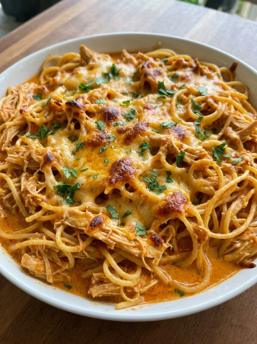Crockpot Chicken Spaghetti served hot with melted cheddar and shredded chicken.