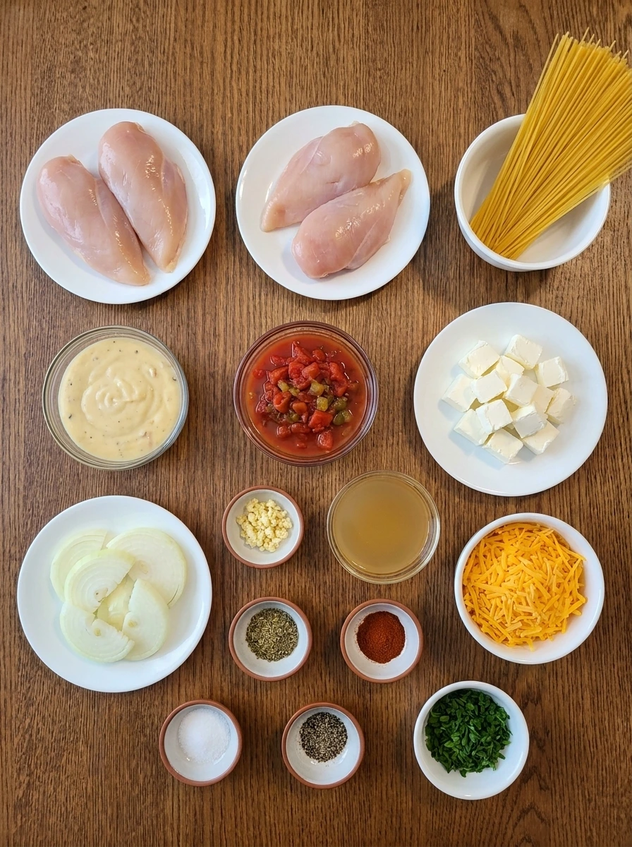 Ingredients for Crockpot Chicken Spaghetti arranged in separate small containers.