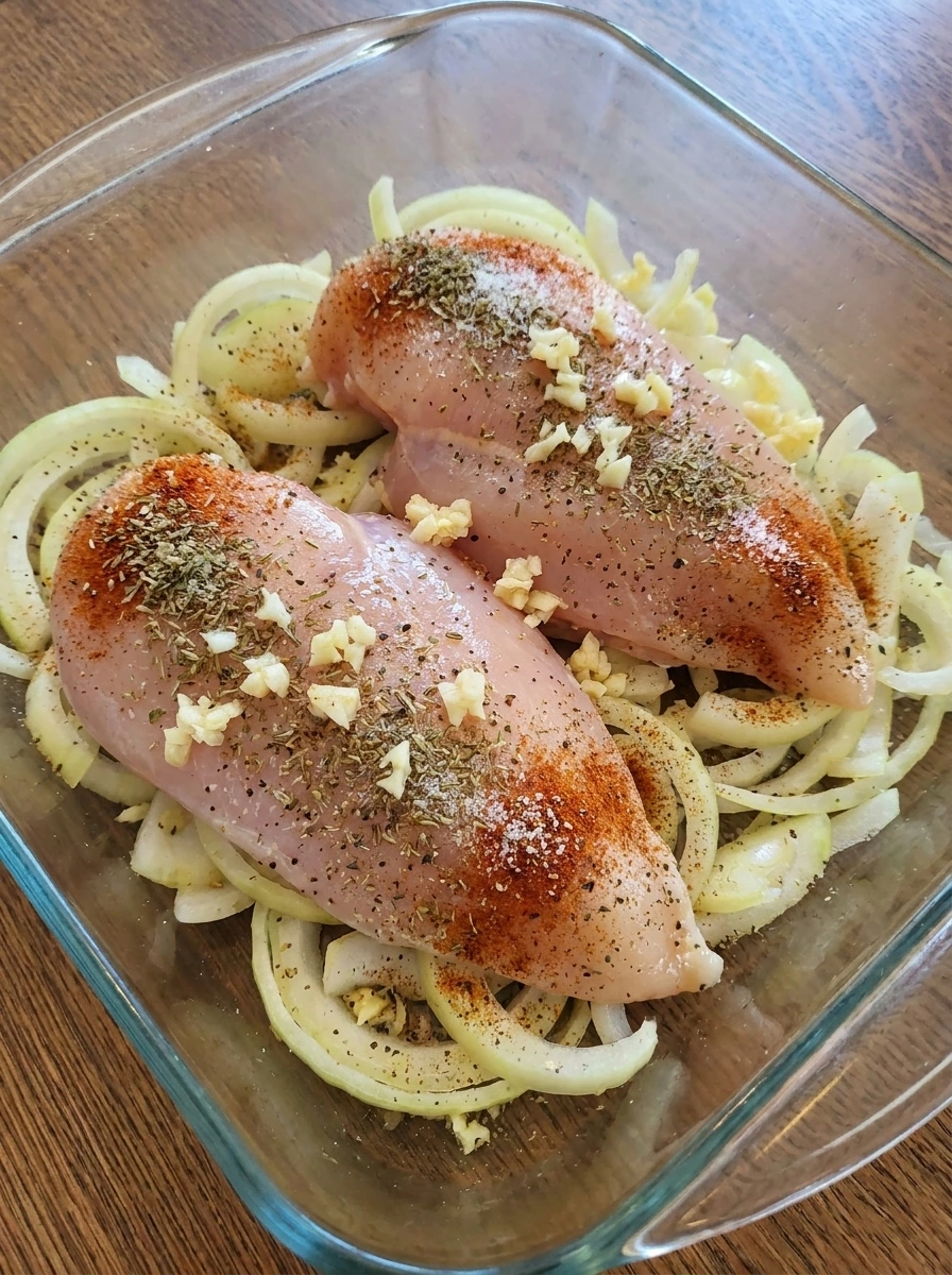 Seasoned chicken breasts layered over onion for Crockpot Chicken Spaghetti.