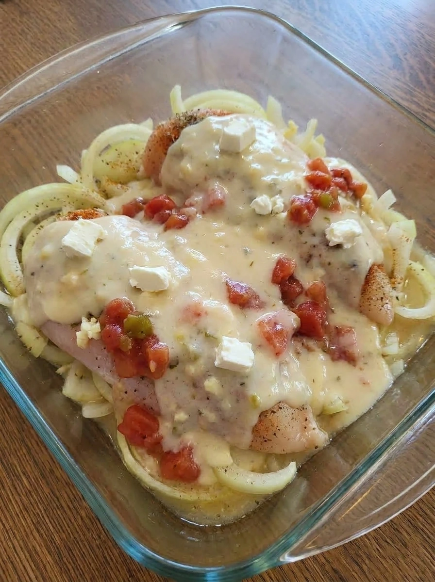 Creamy soup and tomatoes poured over chicken for Crockpot Chicken Spaghetti.