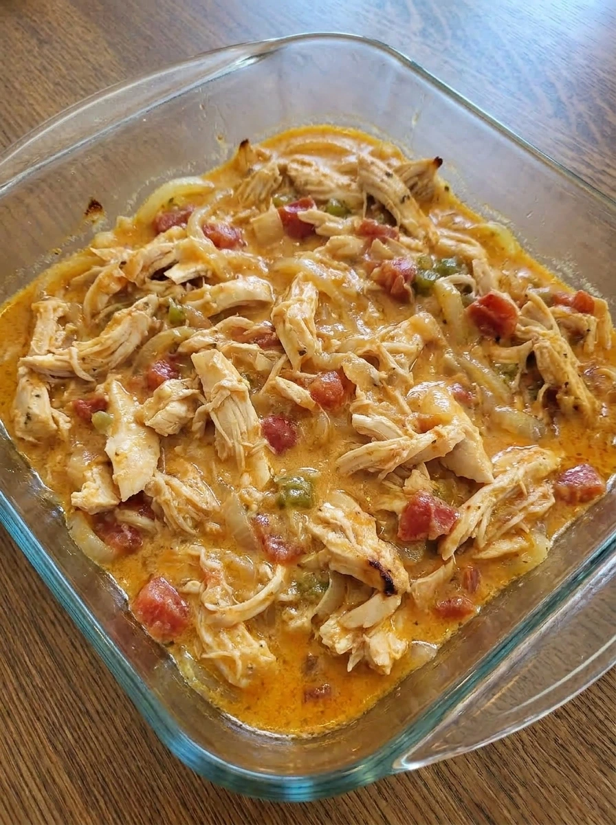Shredded chicken mixed into creamy sauce for Crockpot Chicken Spaghetti.