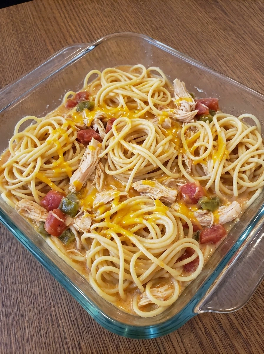 Spaghetti folded into creamy shredded chicken mixture with melting cheese.
