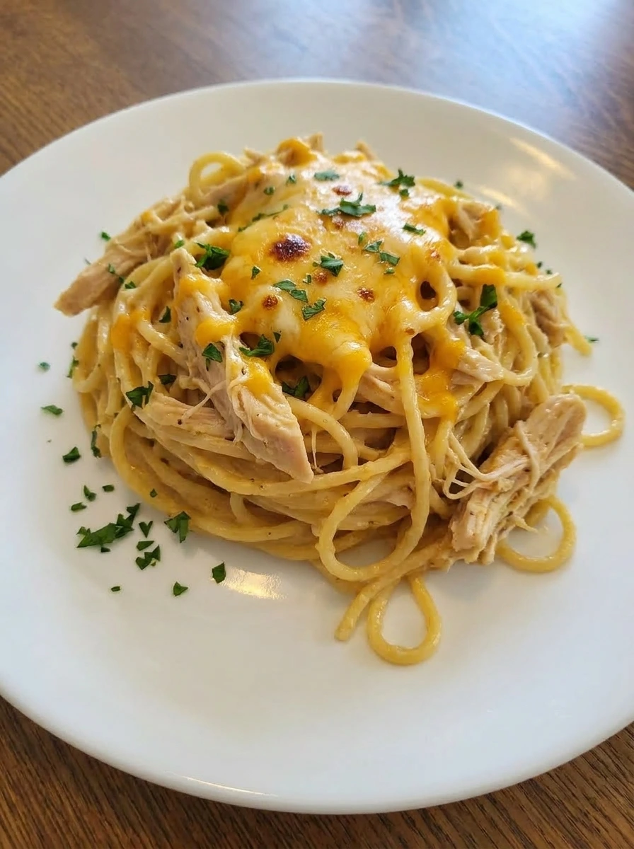 Plated Crockpot Chicken Spaghetti with melted cheddar and parsley.