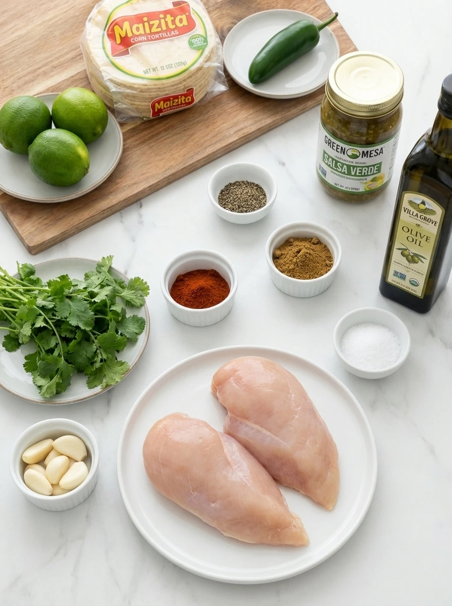Ingredients for Crockpot Cilantro Lime Chicken including chicken breast, salsa verde, lime and cilantro.
