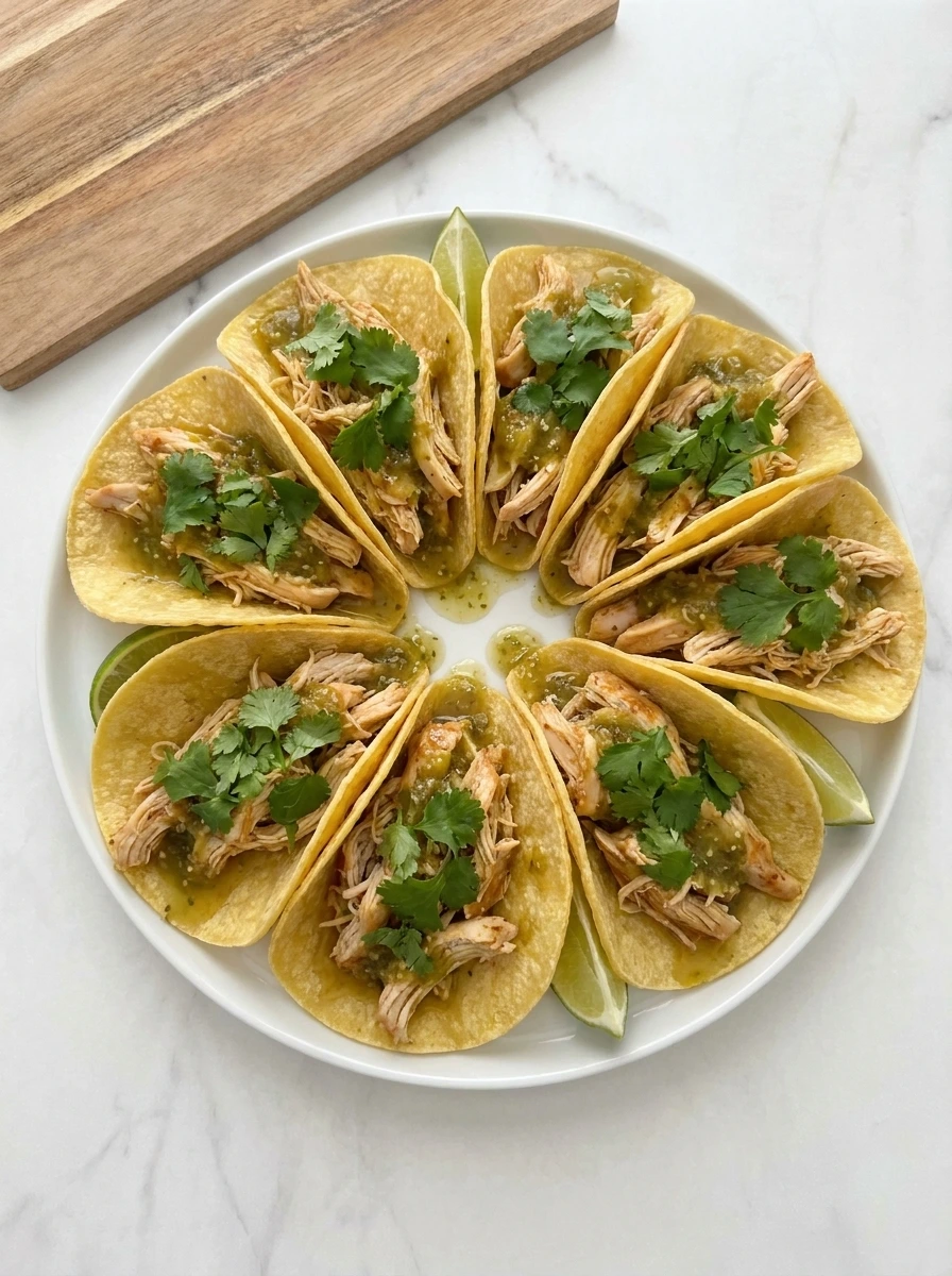 Crockpot Cilantro Lime Chicken served in yellow corn tortillas with cilantro and salsa verde.