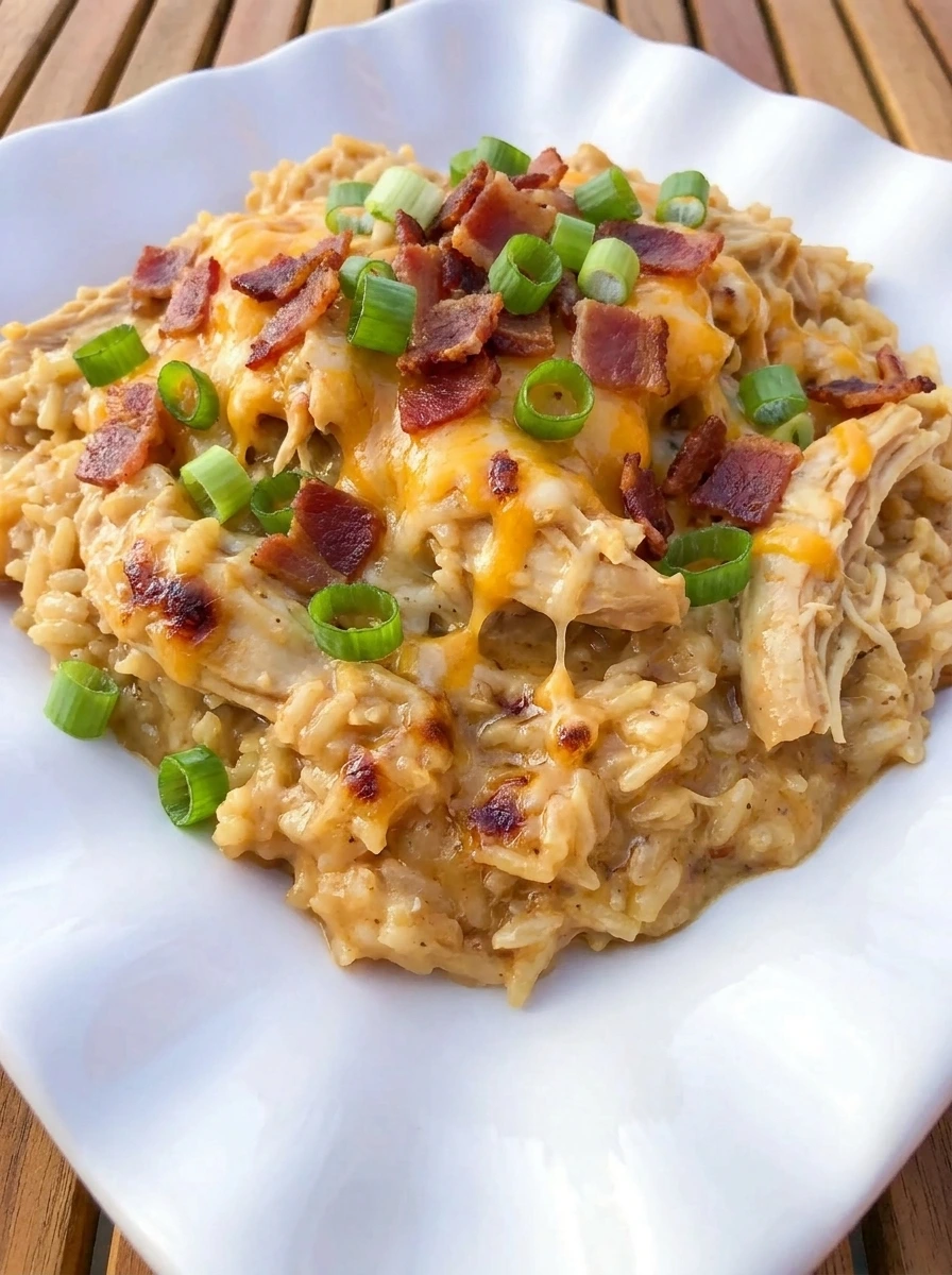Crockpot Crack Chicken and Rice served on a white plate with bacon cheddar and green onions.