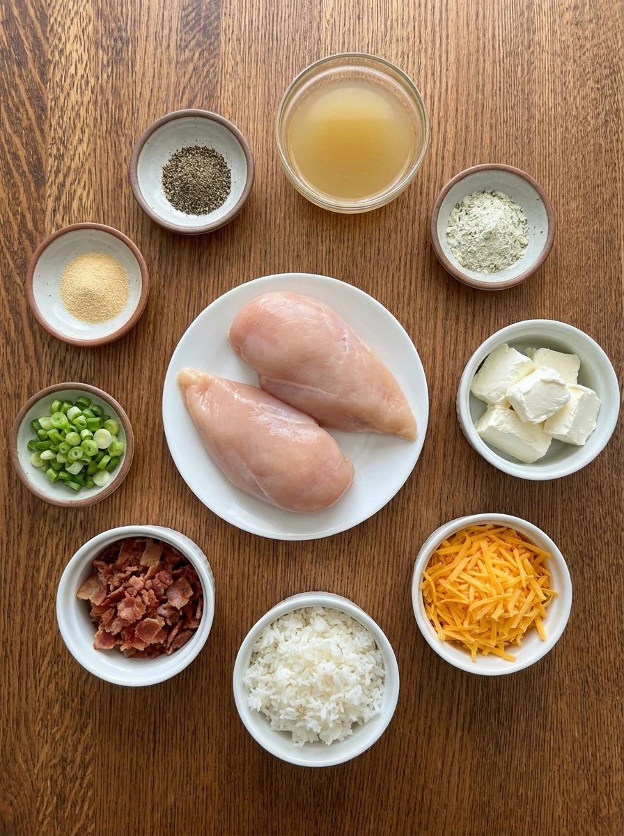 Ingredients for Crockpot Crack Chicken and Rice in separate small containers.