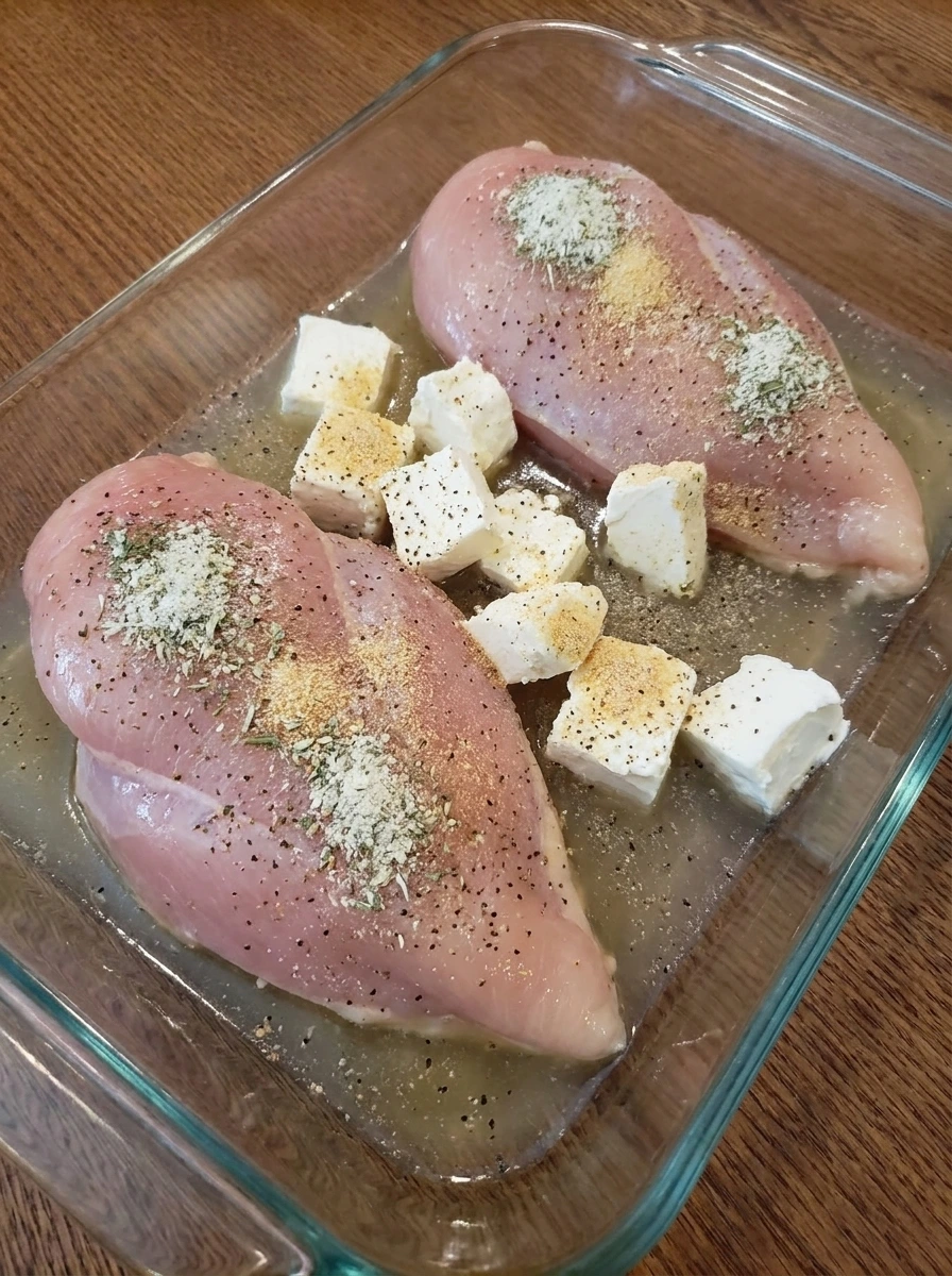 Raw chicken with broth ranch seasoning and cream cheese layered for Crockpot Crack Chicken and Rice.