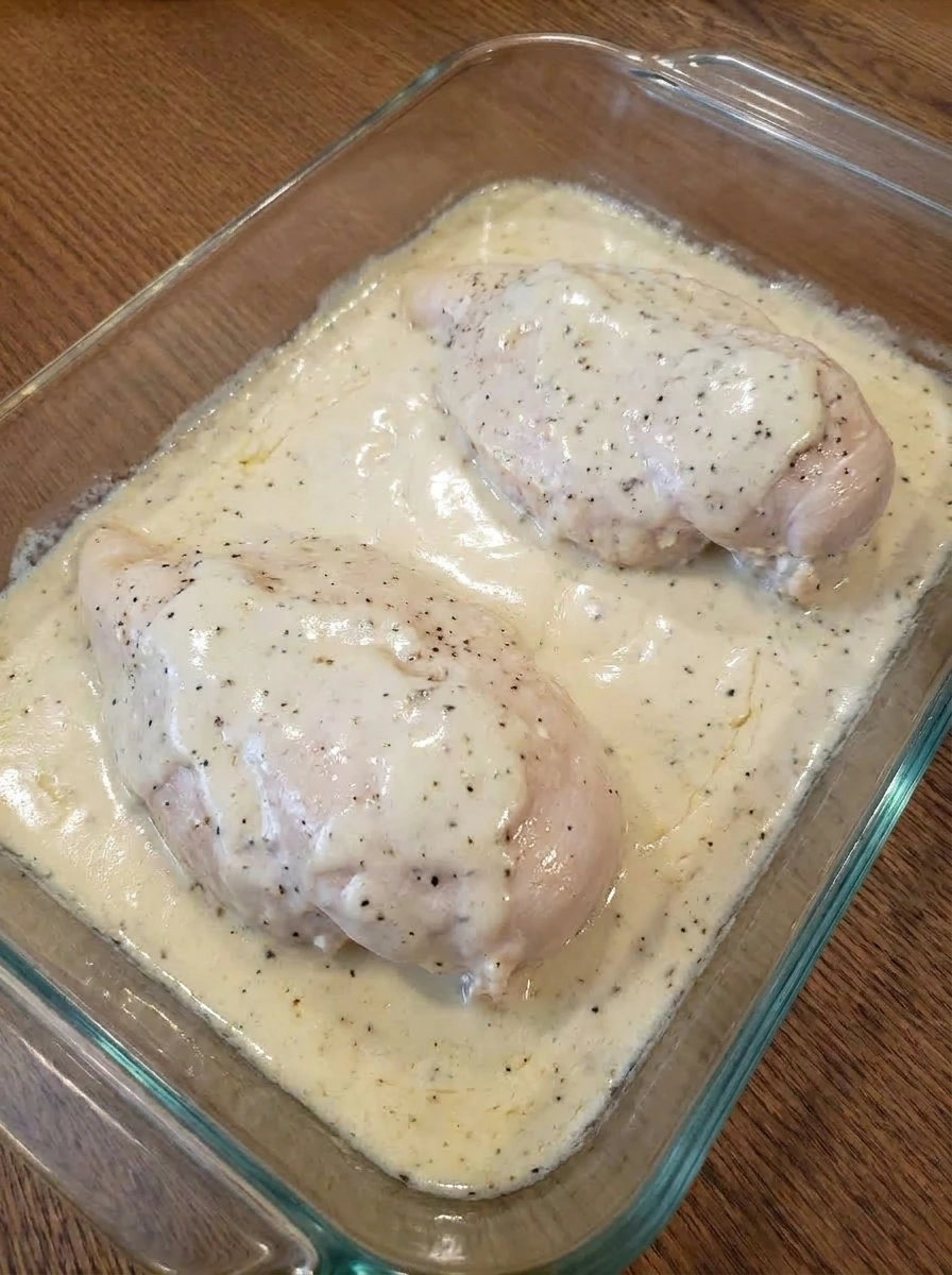 Cooked chicken breasts in creamy ranch sauce for Crockpot Crack Chicken and Rice.