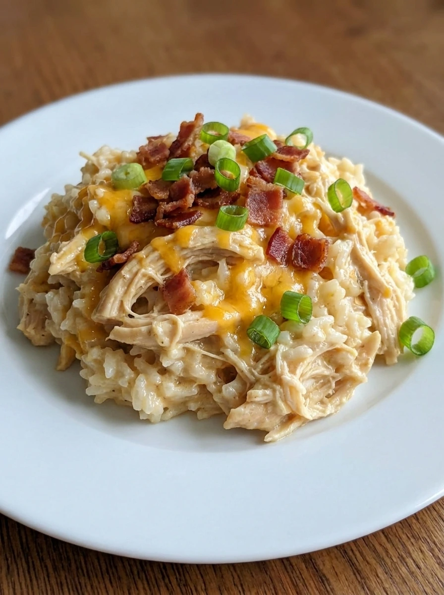 Plated Crockpot Crack Chicken and Rice with bacon cheddar and green onions.