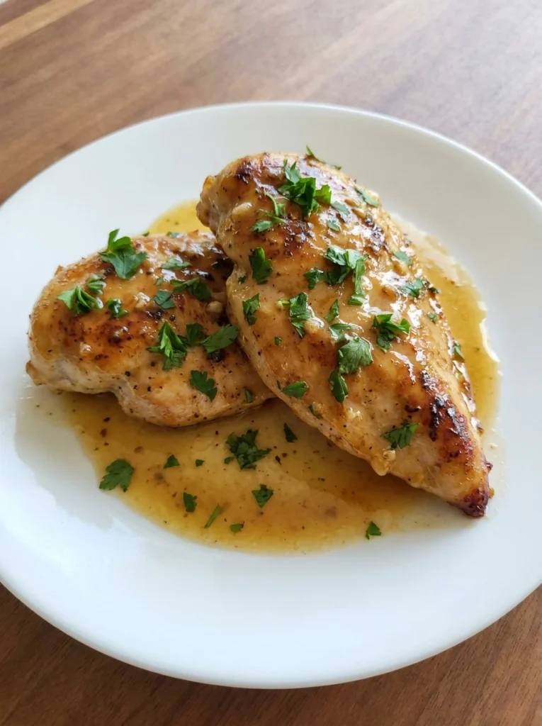 Crockpot Garlic Butter Chicken served on a white plate with glossy garlic butter sauce and fresh parsley