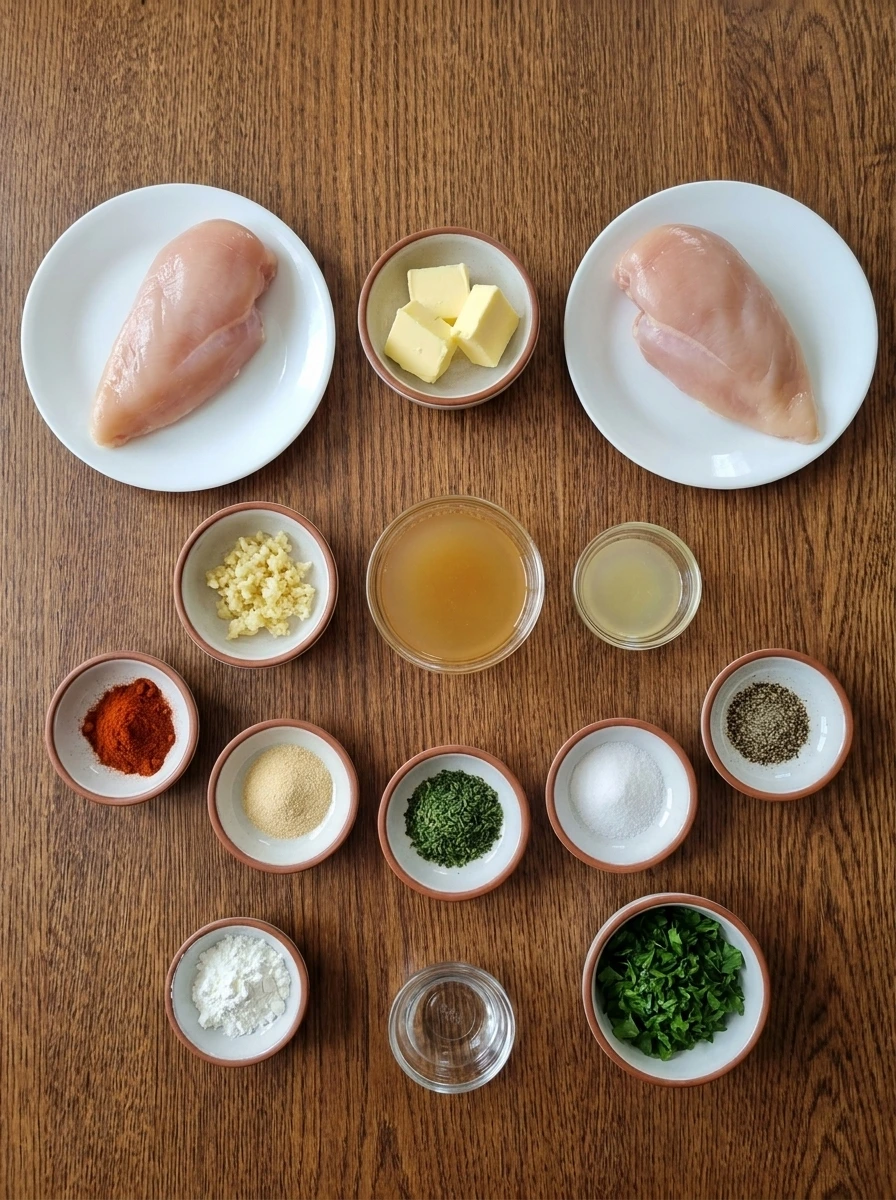 Raw ingredients for Crockpot Garlic Butter Chicken arranged in separate small containers