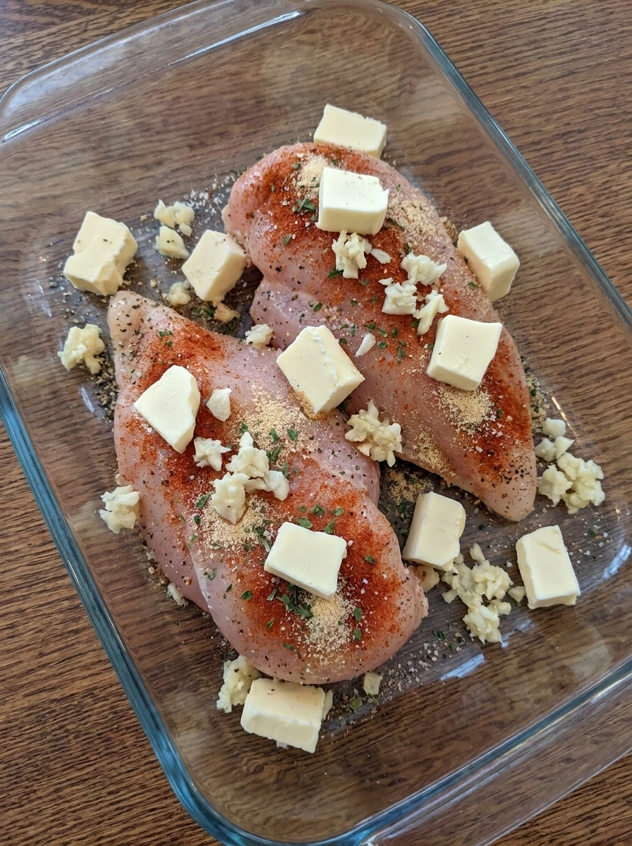 Raw seasoned chicken breasts with garlic and butter added