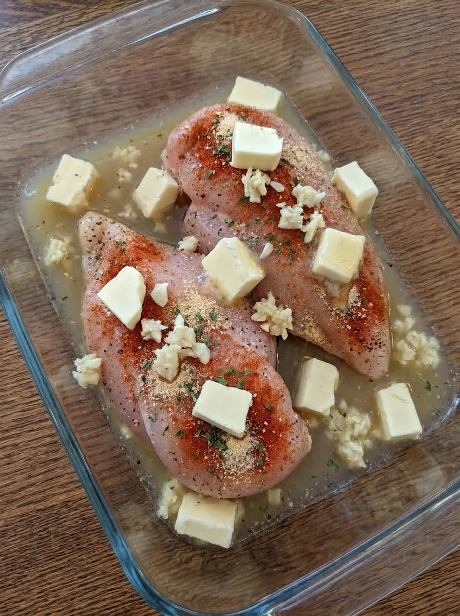 Seasoned chicken breasts with broth and lemon juice added