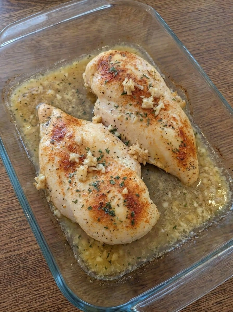 Chicken breasts cooked in garlic butter sauce until tender