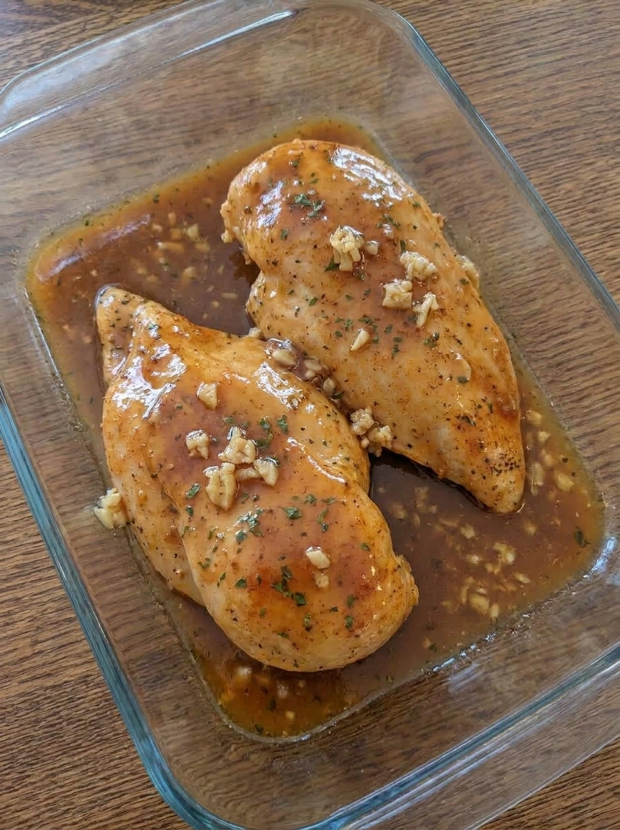 Cooked chicken breasts coated in thickened garlic butter sauce
