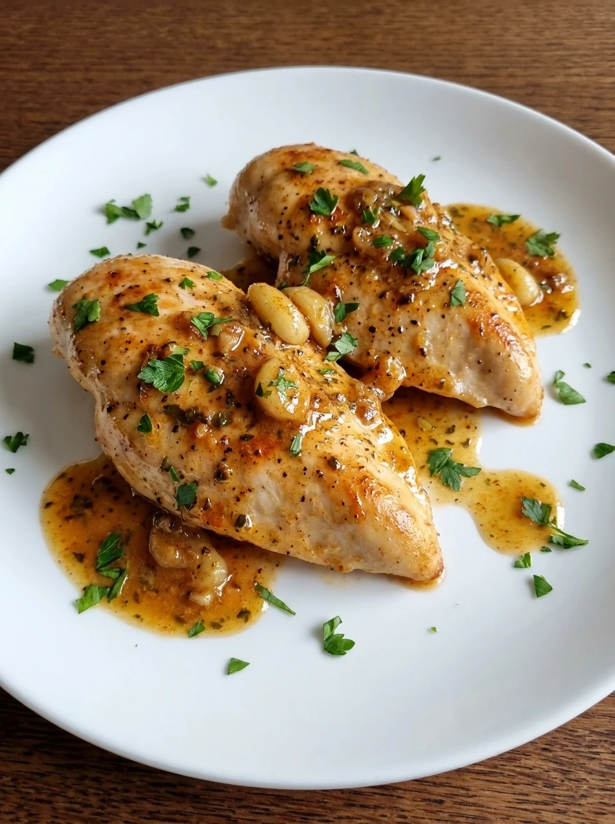 Plated Crockpot Garlic Butter Chicken with parsley and thick garlic butter sauce