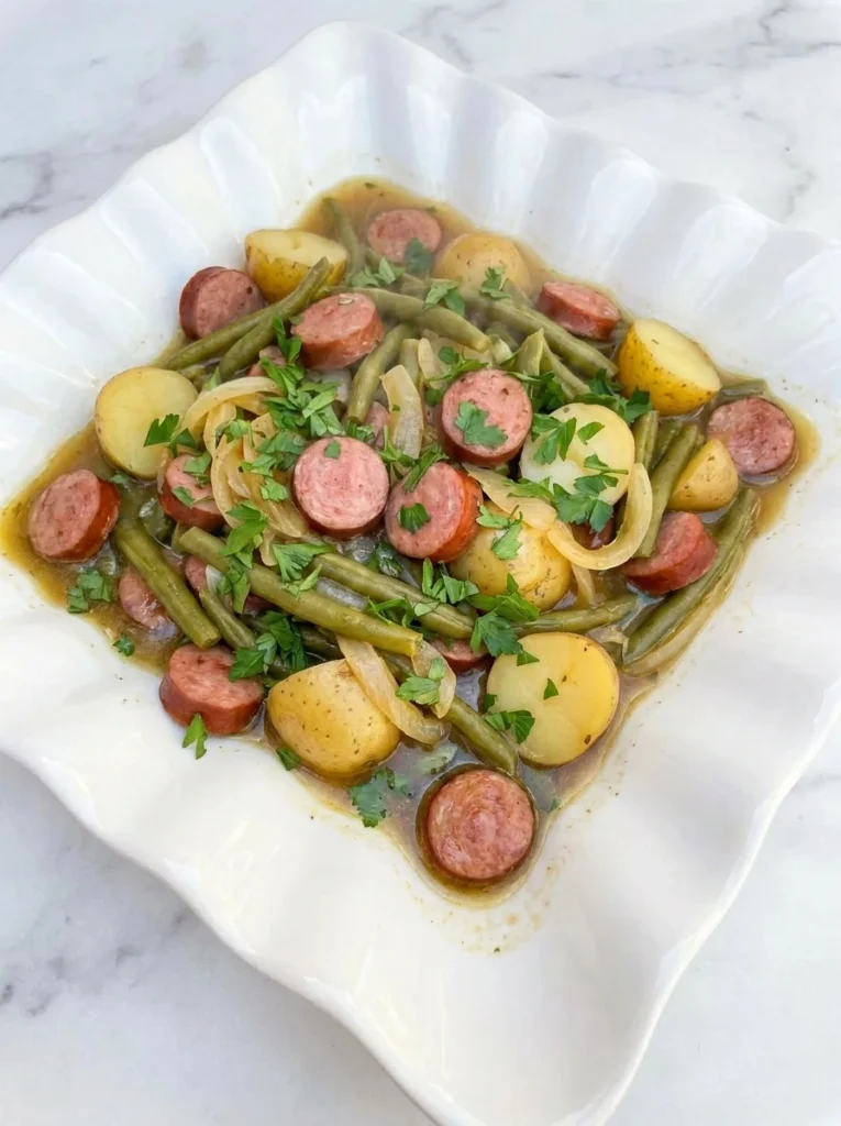 Crockpot Kielbasa and Green Beans with potatoes and parsley in a serving dish