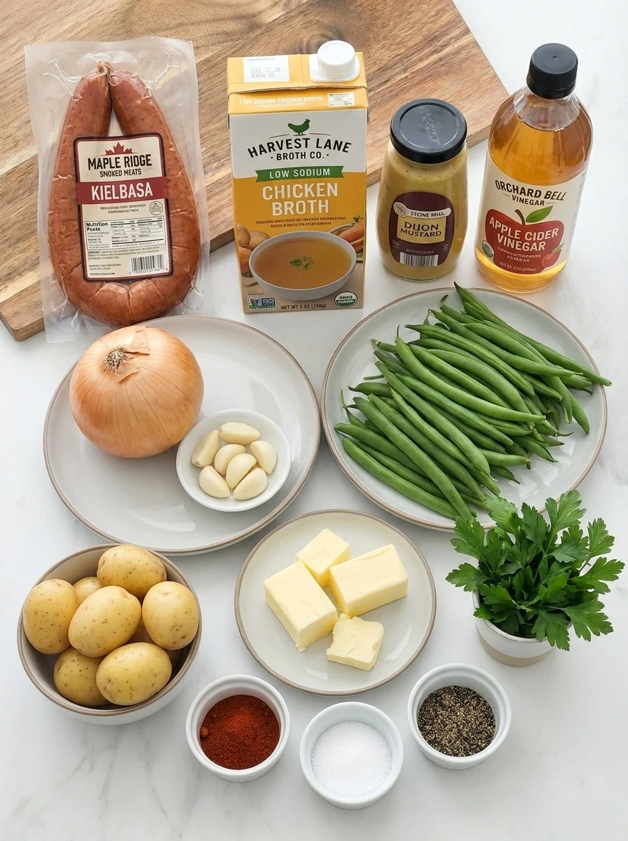 Ingredients for Crockpot Kielbasa and Green Beans arranged in separate containers