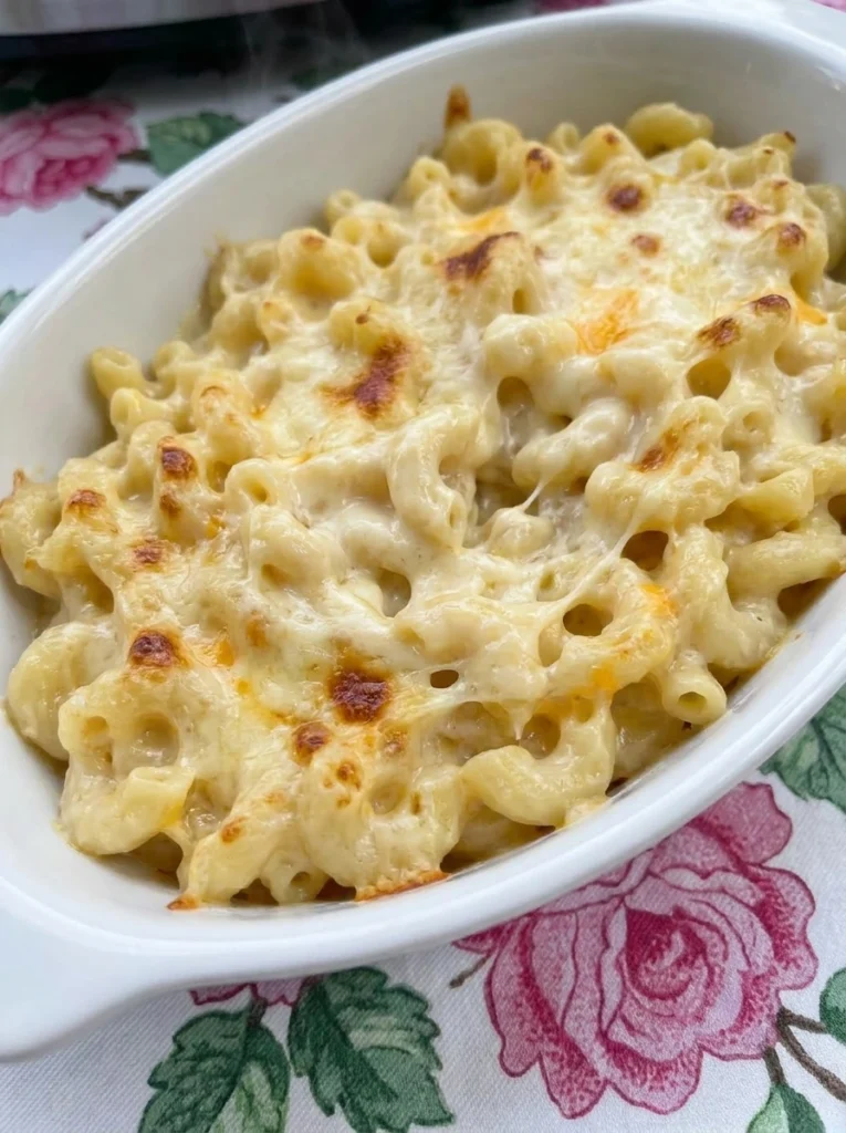 Crockpot Mac and Cheese with creamy noodles melted cheese and lightly browned top.
