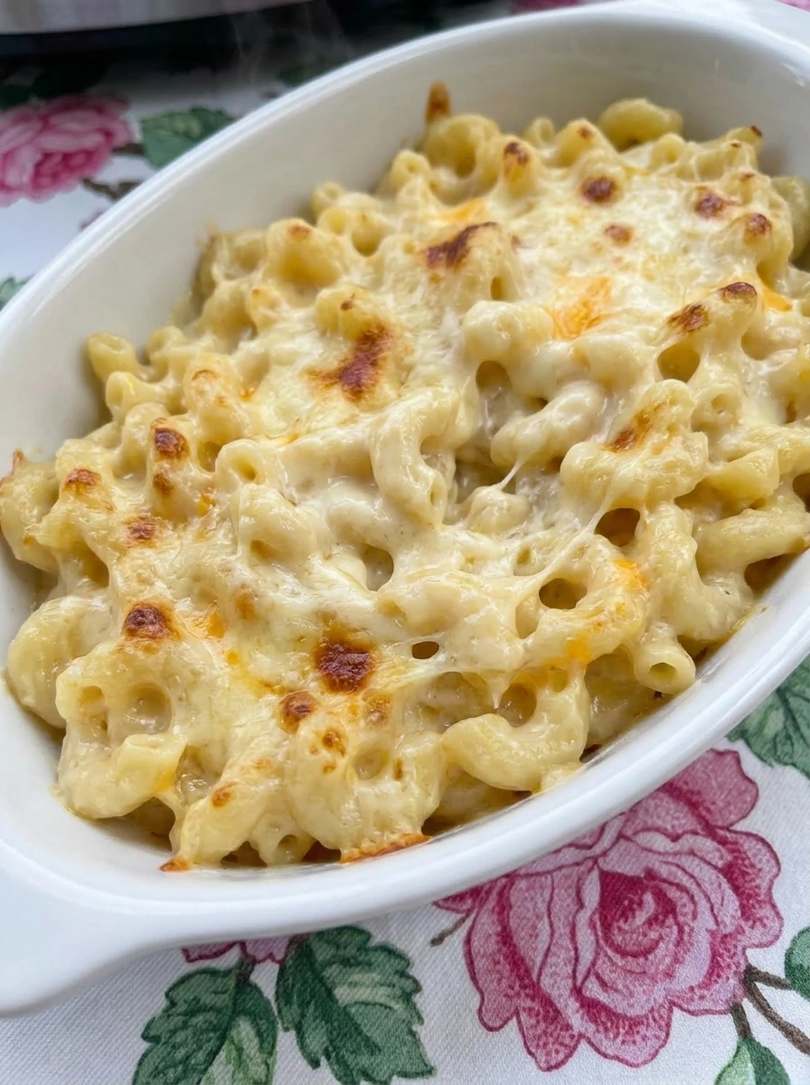 Crockpot Mac and Cheese with creamy noodles melted cheese and lightly browned top.