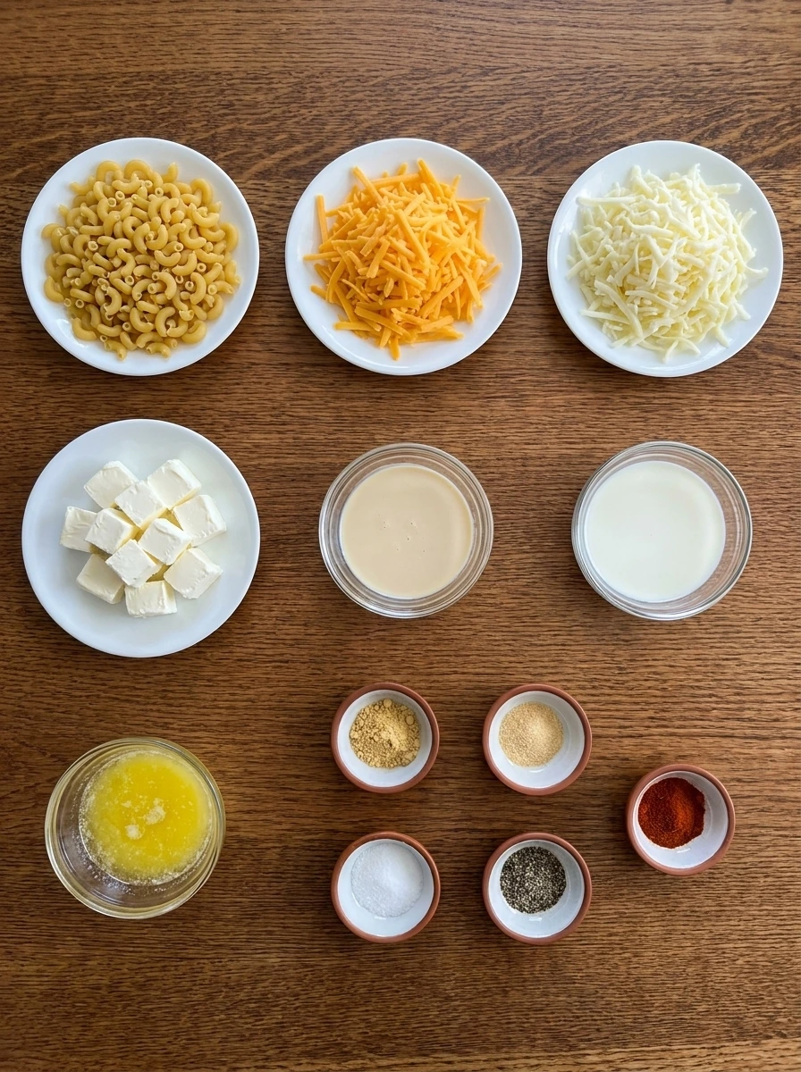 Measured ingredients for Crockpot Mac and Cheese in separate small containers.