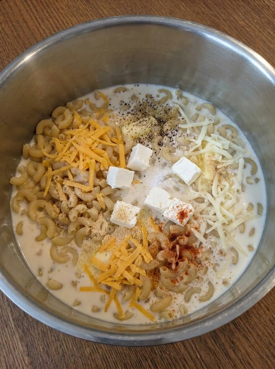 Cheese and seasonings added over macaroni for Crockpot Mac and Cheese.