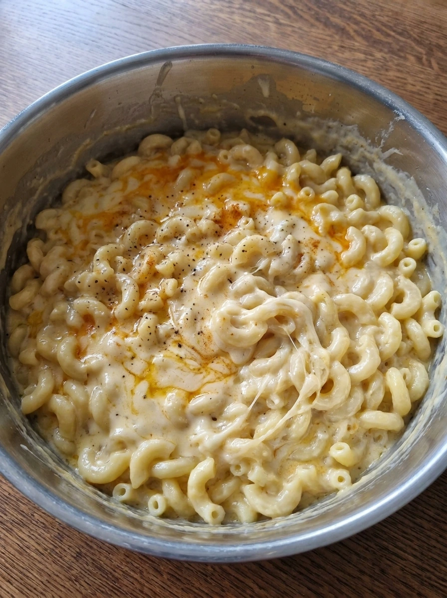 Crockpot Mac and Cheese cooking into a thick creamy cheese sauce.