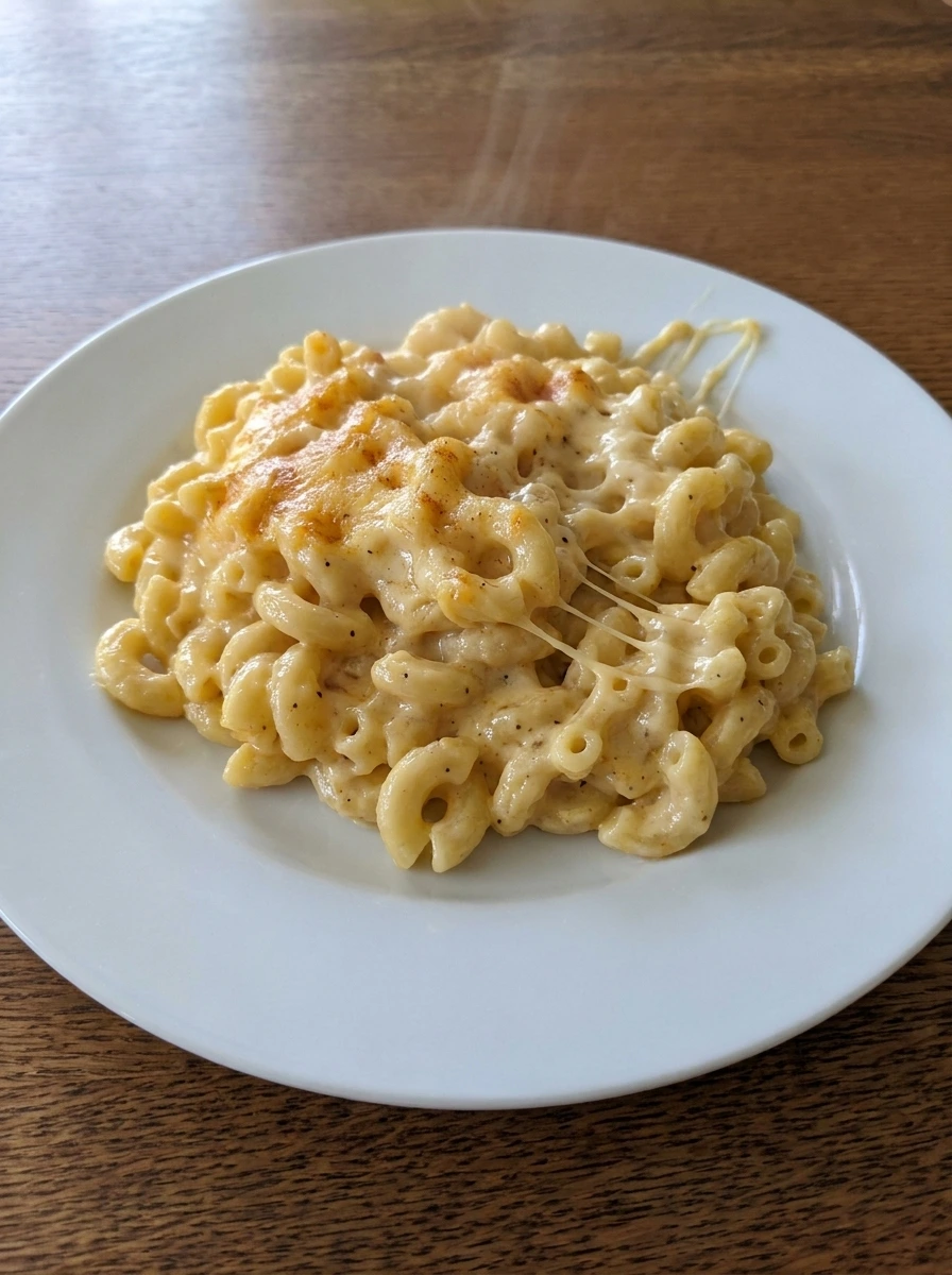 Served portion of Crockpot Mac and Cheese with melted cheese and browned spots.