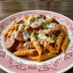 Crockpot Sausage Pasta with smoked sausage rich tomato sauce melted mozzarella and parmesan.